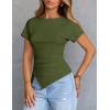 MEROKEETY Women’s Summer Asymmetrical Tops 2026 Short Sleeve Boat Neck Ruched Slim Going Out T-Shirts Trendy Y2K Clothes(Army)