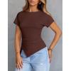 MEROKEETY Women’s Summer Asymmetrical Tops 2026 Short Sleeve Boat Neck Ruched Slim Going Out T-Shirts Trendy Y2K Clothes(Coffee)