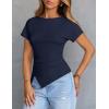 MEROKEETY Women’s Summer Asymmetrical Tops 2026 Short Sleeve Boat Neck Ruched Slim Going Out T-Shirts Trendy Y2K Clothes(Navy)