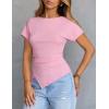 MEROKEETY Women’s Summer Asymmetrical Tops 2026 Short Sleeve Boat Neck Ruched Slim Going Out T-Shirts Trendy Y2K Clothes(Pink)
