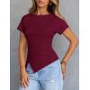 MEROKEETY Women’s Summer Asymmetrical Tops 2026 Short Sleeve Boat Neck Ruched Slim Going Out T-Shirts Trendy Y2K Clothes(Wine)