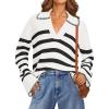 MEROKEETY Women’s 2024 Fall Oversized Striped Sweater Collared V Neck Long Sleeve Trendy Knit Pullover Tops(White)