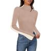 MEROKEETY Women’s 2025 Fall Mock Neck Lightweight Pullover Sweater Fitted Ribbed Long Sleeve Color Block Knit Tee Shirt Tops(Khaki)