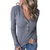 MEROKEETY Women’s 2025 Long Sleeve V Neck Ribbed Button Knit Sweater Solid Color Tops(Grey)