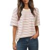 MEROKEETY Women’s 2026 Summer Short Sleeve Tops Casual Colourful Striped Crewneck Loose Work T Shirts Blouses(Beige)