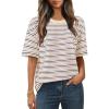 MEROKEETY Women’s 2026 Summer Short Sleeve Tops Casual Colourful Striped Crewneck Loose Work T Shirts Blouses(Beige Blue)