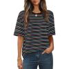 MEROKEETY Women’s 2026 Summer Short Sleeve Tops Casual Colourful Striped Crewneck Loose Work T Shirts Blouses(Black)