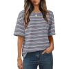 MEROKEETY Women’s 2026 Summer Short Sleeve Tops Casual Colourful Striped Crewneck Loose Work T Shirts Blouses(Dusty Blue)