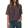 MEROKEETY Women’s 2026 Summer Short Sleeve Tops Casual Colourful Striped Crewneck Loose Work T Shirts Blouses(Navy)