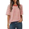 MEROKEETY Women’s 2026 Summer Short Sleeve Tops Casual Colourful Striped Crewneck Loose Work T Shirts Blouses(Pink)