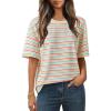 MEROKEETY Women’s 2026 Summer Short Sleeve Tops Casual Colourful Striped Crewneck Loose Work T Shirts Blouses(White)