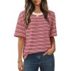 MEROKEETY Women’s 2026 Summer Short Sleeve Tops Casual Colourful Striped Crewneck Loose Work T Shirts Blouses(Wine)