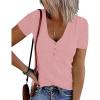 MEROKEETY Women’s 2026 Summer Short Sleeve Tops Casual V Neck T Shirts Ribbed Knit Henley Button Basic Blouse(Darkpink)