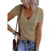 MEROKEETY Women’s 2026 Summer Short Sleeve Tops Casual V Neck T Shirts Ribbed Knit Henley Button Basic Blouse(Khaki)