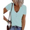 MEROKEETY Women’s 2026 Summer Short Sleeve Tops Casual V Neck T Shirts Ribbed Knit Henley Button Basic Blouse(Lightblue)