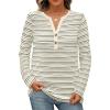 MEROKEETY Women’s Fall Long Sleeve Striped Henley Tops V Neck Dressy Casual Loose Shirt 2025 Trendy Blouse(Grey)
