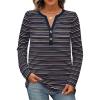 MEROKEETY Women’s Fall Long Sleeve Striped Henley Tops V Neck Dressy Casual Loose Shirt 2025 Trendy Blouse(Navy)