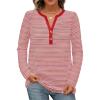 MEROKEETY Women’s Fall Long Sleeve Striped Henley Tops V Neck Dressy Casual Loose Shirt 2025 Trendy Blouse(Pink)