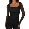 MEROKEETY Women’s Long Sleeve Square Neck Tops Ruched Fall Trendy Tee Shirts Asymmetrical Going Out Top(Black)
