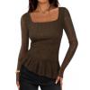 MEROKEETY Women’s Long Sleeve Square Neck Tops Ruched Fall Trendy Tee Shirts Asymmetrical Going Out Top(Brown)
