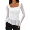 MEROKEETY Women’s Long Sleeve Square Neck Tops Ruched Fall Trendy Tee Shirts Asymmetrical Going Out Top(White)