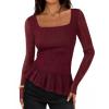 MEROKEETY Women’s Long Sleeve Square Neck Tops Ruched Fall Trendy Tee Shirts Asymmetrical Going Out Top(Wine)