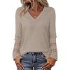 MEROKEETY Womens Long Sleeve Tops 2025 Trendy Fall Winter V Neck Ribbed Sweaters Casual Shirts Blouses(Apricot)