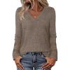 MEROKEETY Womens Long Sleeve Tops 2025 Trendy Fall Winter V Neck Ribbed Sweaters Casual Shirts Blouses(Brown)