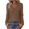 MEROKEETY Womens Long Sleeve Tops 2025 Trendy Fall Winter V Neck Ribbed Sweaters Casual Shirts Blouses(Coffee)