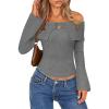 MEROKEETY Women’s Off Shoulder Sweater 2025 Fall Cute Bell Long Sleeve Ribbed Knit Winter Pullover Knit Outfits(Gray)