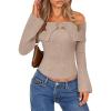 MEROKEETY Women’s Off Shoulder Sweater 2025 Fall Cute Bell Long Sleeve Ribbed Knit Winter Pullover Knit Outfits(Khaki)
