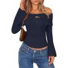 MEROKEETY Women’s Off Shoulder Sweater 2025 Fall Cute Bell Long Sleeve Ribbed Knit Winter Pullover Knit Outfits(Navy)