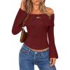 MEROKEETY Women’s Off Shoulder Sweater 2025 Fall Cute Bell Long Sleeve Ribbed Knit Winter Pullover Knit Outfits(Wine)