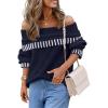 MEROKEETY Women’s Off Shoulder Sweater 2025 Fall Winter Fashion Oversized Ribbed Knit Striped Pullover Tops(Navy)