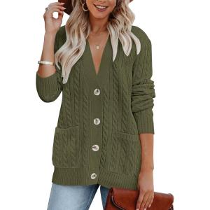 MEROKEETY Cardigan Sweater for Women 2026 Fall Winter Spring Cable Knit Button Up Open Front Long Sleeve Coat(Army Green)