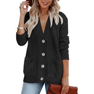 MEROKEETY Cardigan Sweater for Women 2026 Fall Winter Spring Cable Knit Button Up Open Front Long Sleeve Coat(Black)