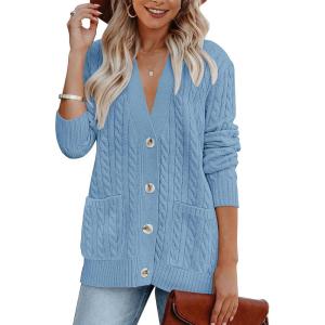 MEROKEETY Cardigan Sweater for Women 2026 Fall Winter Spring Cable Knit Button Up Open Front Long Sleeve Coat(Blue)