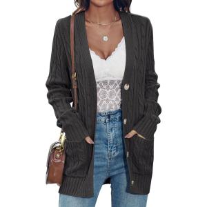 MEROKEETY Cardigan Sweater for Women 2026 Fall Winter Spring Cable Knit Button Up Open Front Long Sleeve Coat(Dark Grey)