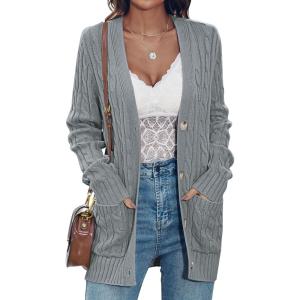 MEROKEETY Cardigan Sweater for Women 2026 Fall Winter Spring Cable Knit Button Up Open Front Long Sleeve Coat(Grey)