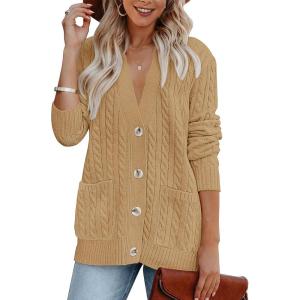 MEROKEETY Cardigan Sweater for Women 2026 Fall Winter Spring Cable Knit Button Up Open Front Long Sleeve Coat(Khaki)