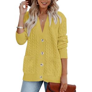 MEROKEETY Cardigan Sweater for Women 2026 Fall Winter Spring Cable Knit Button Up Open Front Long Sleeve Coat(Mustard)