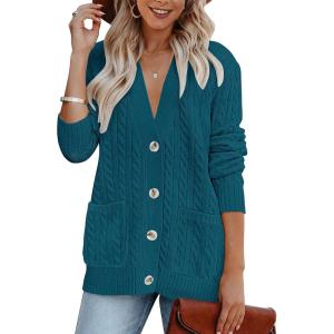 MEROKEETY Cardigan Sweater for Women 2026 Fall Winter Spring Cable Knit Button Up Open Front Long Sleeve Coat(Teal)