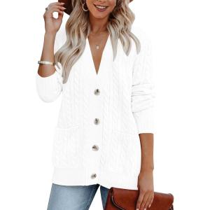 MEROKEETY Cardigan Sweater for Women 2026 Fall Winter Spring Cable Knit Button Up Open Front Long Sleeve Coat(White)
