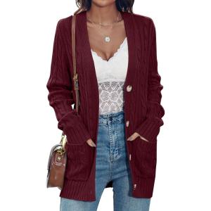 MEROKEETY Cardigan Sweater for Women 2026 Fall Winter Spring Cable Knit Button Up Open Front Long Sleeve Coat(Wine)