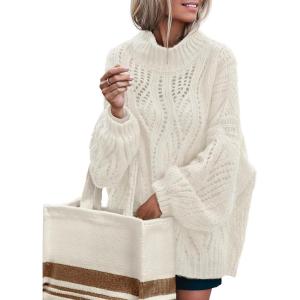 MEROKEETY Fall Sweaters for Women 2025 Oversized Pullover Crochet Lantern Long Sleeve Mock Neck Casual Loose Tops(Beige)