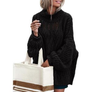 MEROKEETY Fall Sweaters for Women 2025 Oversized Pullover Crochet Lantern Long Sleeve Mock Neck Casual Loose Tops(Black)