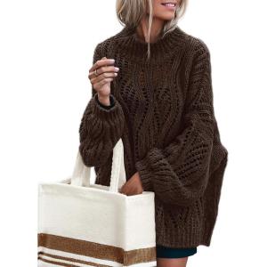 MEROKEETY Fall Sweaters for Women 2025 Oversized Pullover Crochet Lantern Long Sleeve Mock Neck Casual Loose Tops(Coffee)