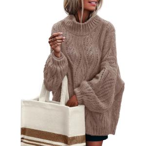 MEROKEETY Fall Sweaters for Women 2025 Oversized Pullover Crochet Lantern Long Sleeve Mock Neck Casual Loose Tops(Mocha)