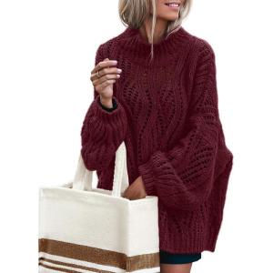 MEROKEETY Fall Sweaters for Women 2025 Oversized Pullover Crochet Lantern Long Sleeve Mock Neck Casual Loose Tops(Wine Red)