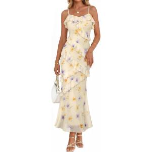 MEROKEETY Spring Wedding Guest Dress for Women 2026 Summer Floral Cocktail Party Beach Vacation Ruffle Bodycon Maxi Dresses(Beige)